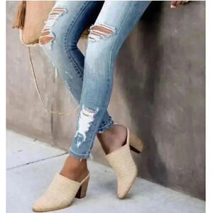 Mi.iM Woven Mules Block Wooden Heel Tan Raw Trim Boho Leather Lining Womens 7.5
